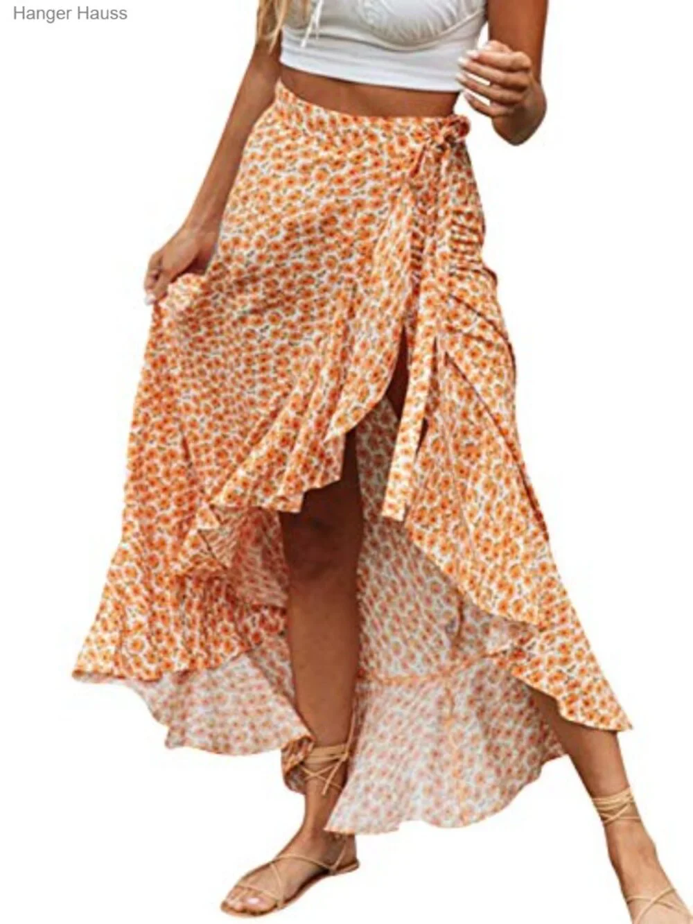 Boho Floral Wrap Maxi Skirt High Waisted Long Skirt with Slit
